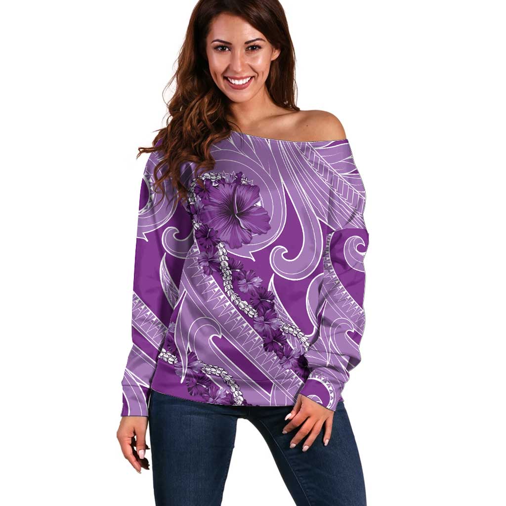 Hawaii Violet Hibiscus Pikake Lei Off Shoulder Sweater - Polynesian Pride