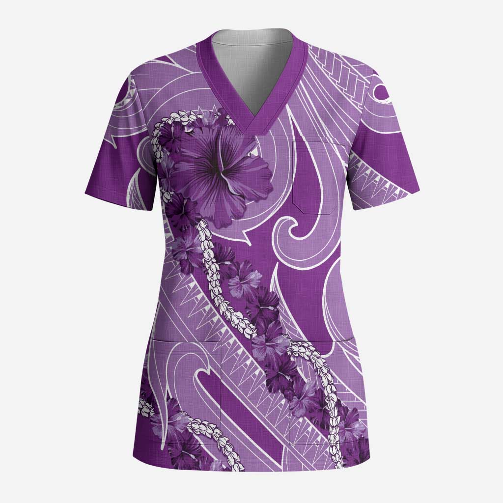Hawaii Violet Hibiscus Pikake Lei Scrub Top - Polynesian Pride