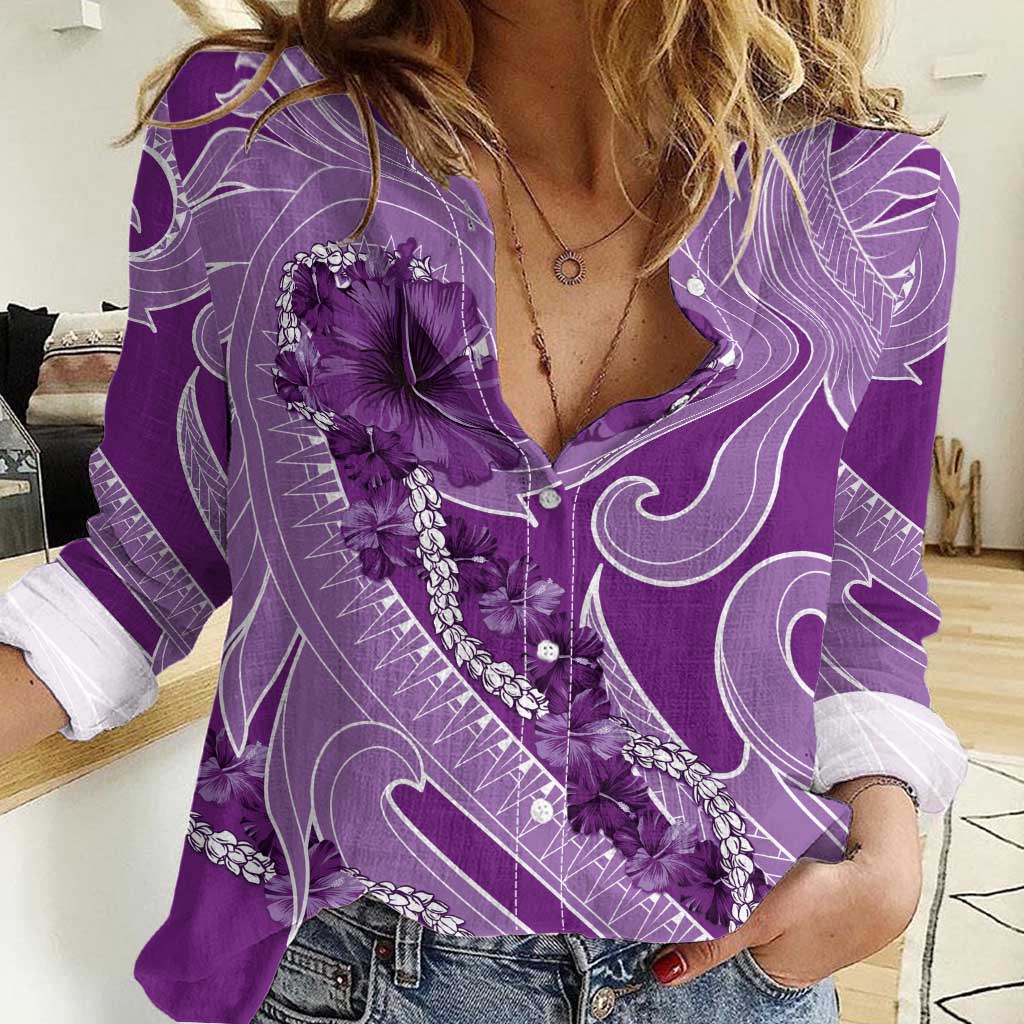 Hawaii Violet Hibiscus Pikake Lei Women Casual Shirt - Polynesian Pride