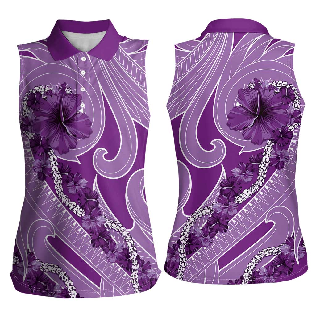 Hawaii Violet Hibiscus Pikake Lei Women Sleeveless Polo Shirt - Polynesian Pride