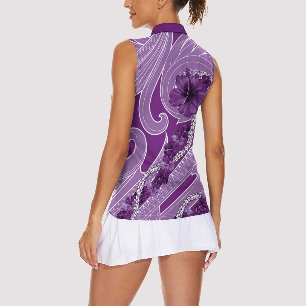 Hawaii Violet Hibiscus Pikake Lei Women Sleeveless Polo Shirt - Polynesian Pride