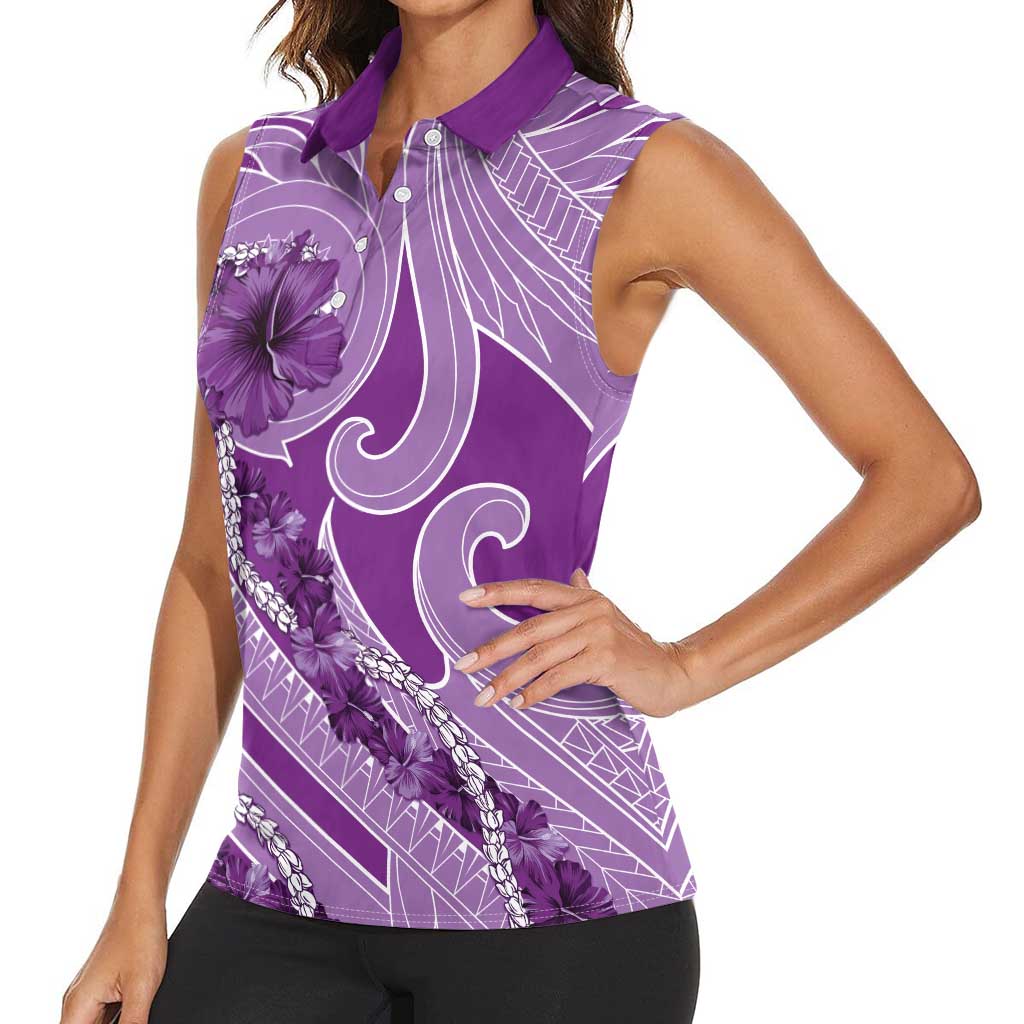 Hawaii Violet Hibiscus Pikake Lei Women Sleeveless Polo Shirt - Polynesian Pride