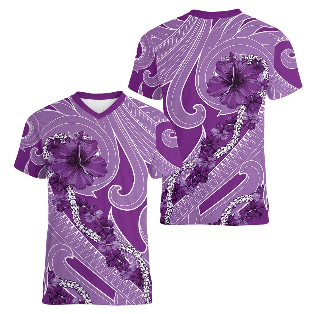 Hawaii Violet Hibiscus Pikake Lei Women V-Neck T-Shirt - Polynesian Pride