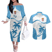 Fiji Rugby Couples Matching Off The Shoulder Long Sleeve Dress and Hawaiian Shirt World Cup 2023 Fijian Tapa Pattern Blue Version LT05 Blue - Polynesian Pride