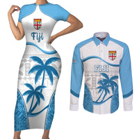 Fiji Rugby Couples Matching Short Sleeve Bodycon Dress and Long Sleeve Button Shirts World Cup 2023 Fijian Tapa Pattern Blue Version LT05 Blue - Polynesian Pride