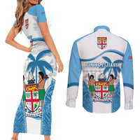 Fiji Rugby Couples Matching Short Sleeve Bodycon Dress and Long Sleeve Button Shirts World Cup 2023 Fijian Tapa Pattern Blue Version LT05 - Polynesian Pride
