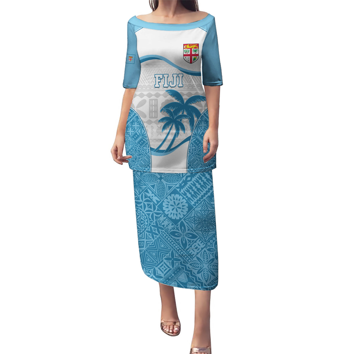 Fiji Rugby Puletasi World Cup 2023 Fijian Tapa Pattern Blue Version LT05 Long Dress Blue - Polynesian Pride