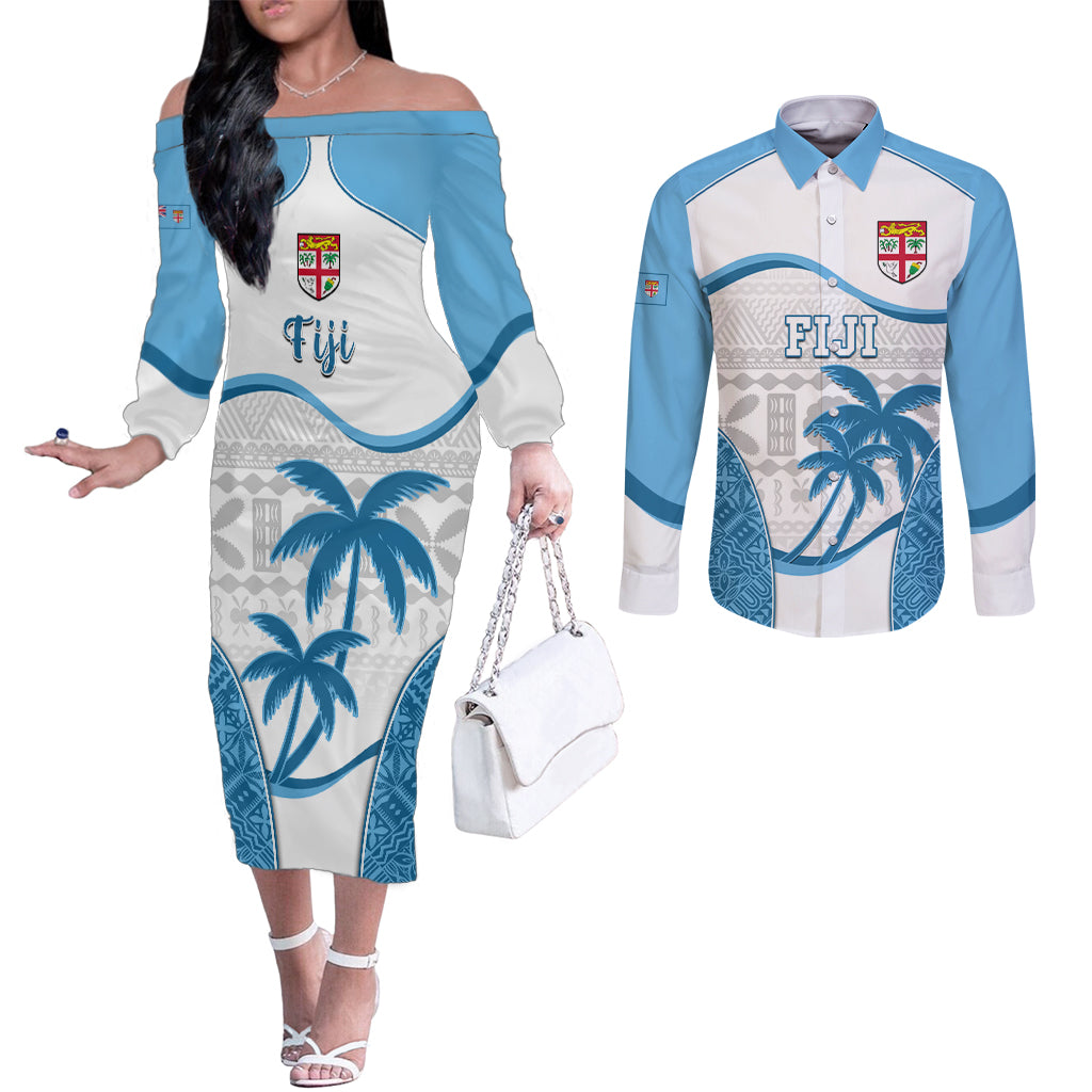 Custom Fiji Rugby Couples Matching Off The Shoulder Long Sleeve Dress and Long Sleeve Button Shirts World Cup 2023 Fijian Tapa Pattern Blue Version LT05 Blue - Polynesian Pride