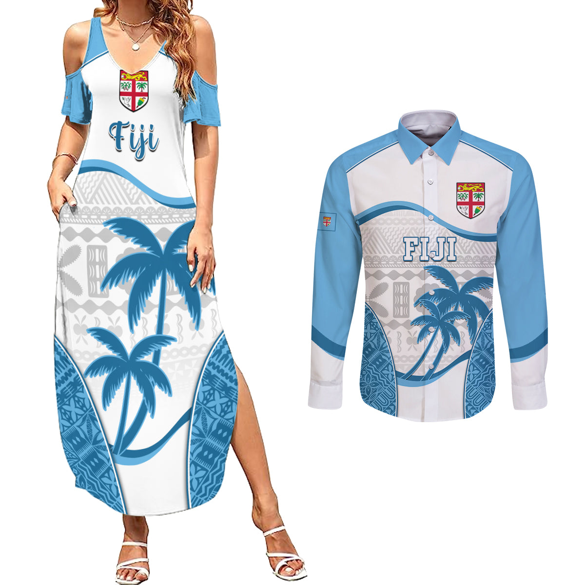 Custom Fiji Rugby Couples Matching Summer Maxi Dress and Long Sleeve Button Shirts World Cup 2023 Fijian Tapa Pattern Blue Version LT05 Blue - Polynesian Pride