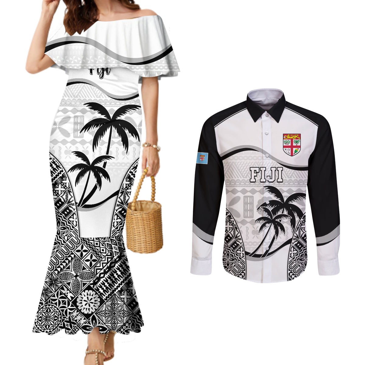 Fiji Rugby Couples Matching Mermaid Dress and Long Sleeve Button Shirts World Cup 2023 Fijian Tapa Pattern Black Version LT05 Black - Polynesian Pride