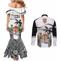 Fiji Rugby Couples Matching Mermaid Dress and Long Sleeve Button Shirts World Cup 2023 Fijian Tapa Pattern Black Version LT05 - Polynesian Pride