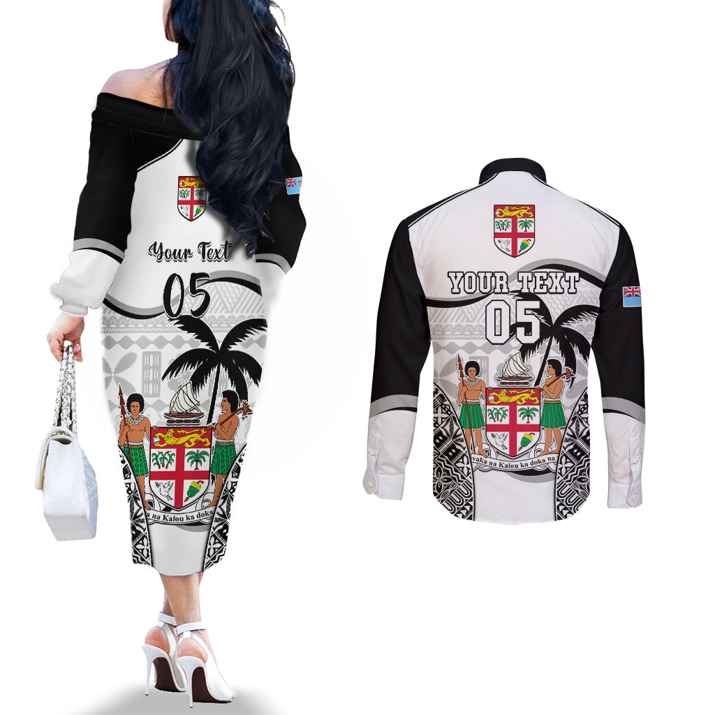 Custom Fiji Rugby Couples Matching Off The Shoulder Long Sleeve Dress and Long Sleeve Button Shirts World Cup 2023 Fijian Tapa Pattern Black Version LT05 - Polynesian Pride