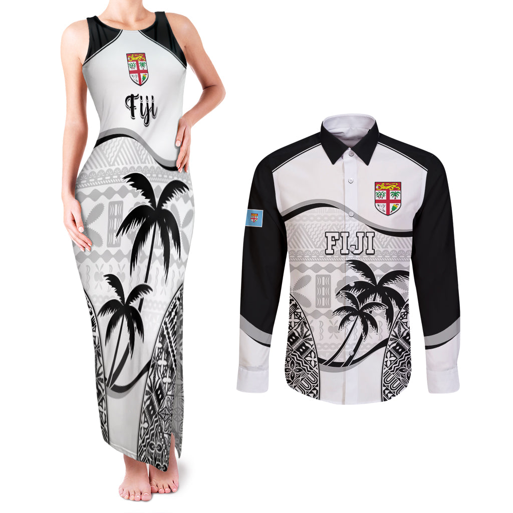Custom Fiji Rugby Couples Matching Tank Maxi Dress and Long Sleeve Button Shirts World Cup 2023 Fijian Tapa Pattern Black Version LT05 Black - Polynesian Pride