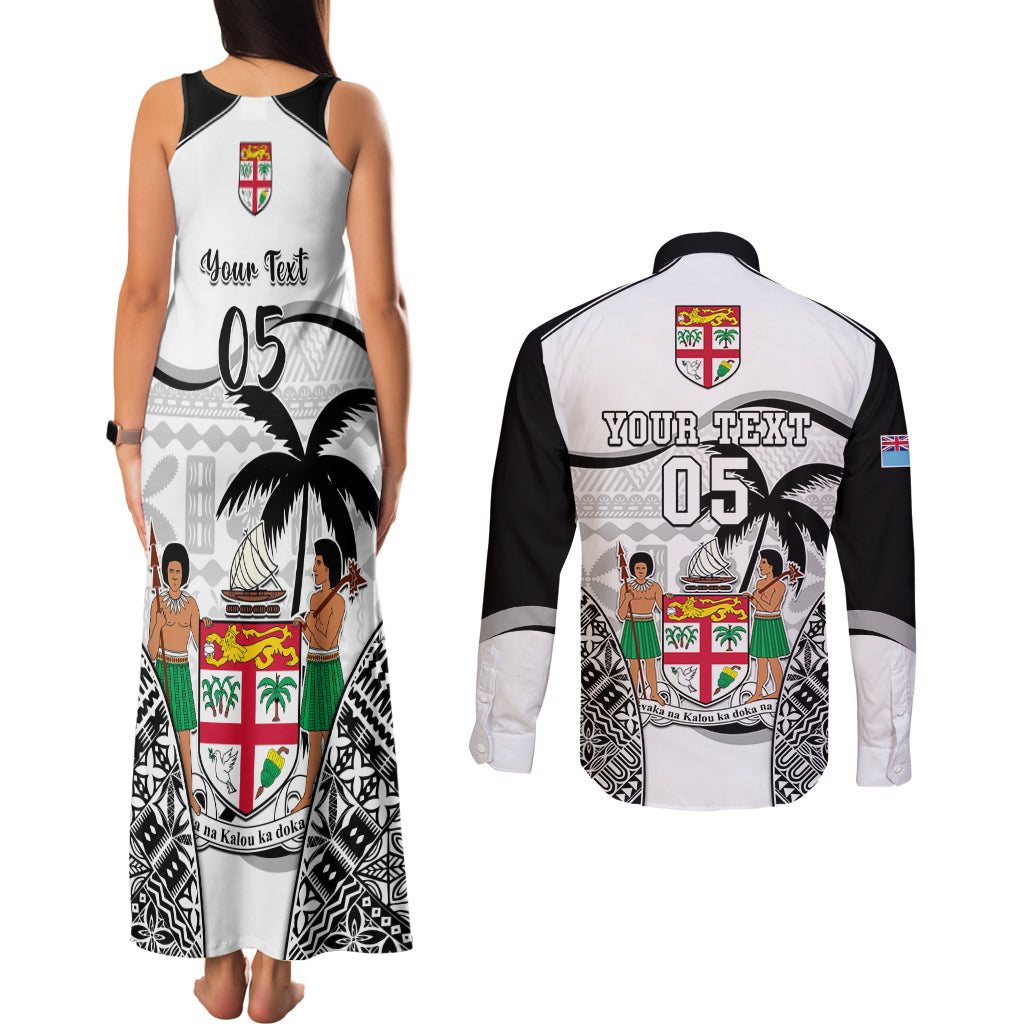 Custom Fiji Rugby Couples Matching Tank Maxi Dress and Long Sleeve Button Shirts World Cup 2023 Fijian Tapa Pattern Black Version LT05 - Polynesian Pride