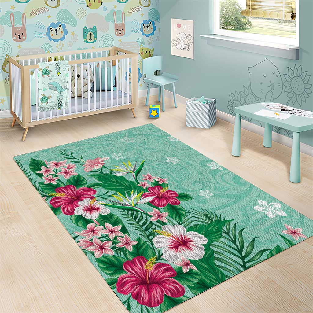 Hawaii Tropical Flowers Area Rug Polynesian Tattoo Mint Green