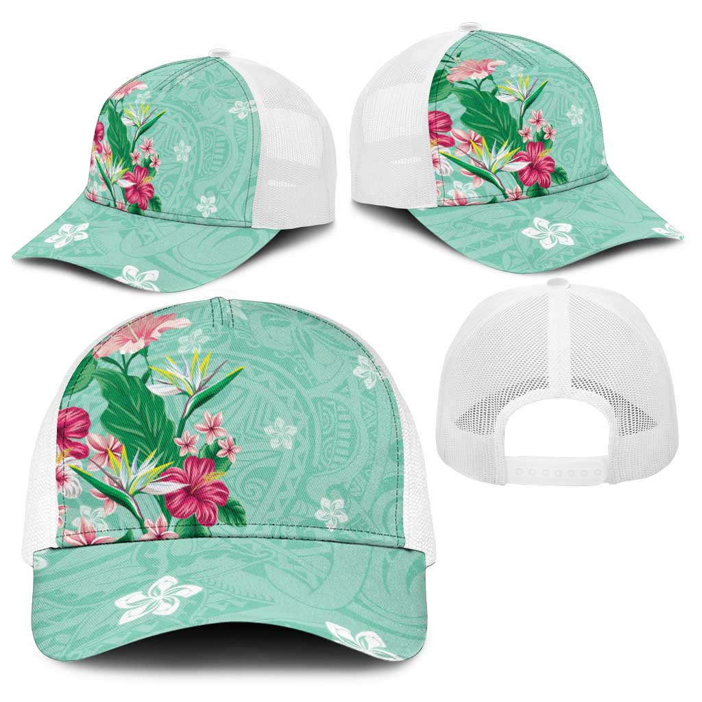 Hawaii Tropical Flowers Baseball Net Cap Polynesian Tattoo Mint Green