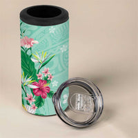 Hawaii Tropical Flowers 4 in 1 Can Cooler Tumbler Polynesian Tattoo Mint Green