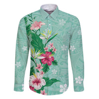 Hawaii Tropical Flowers Family Matching Long Sleeve Bodycon Dress and Hawaiian Shirt Polynesian Tattoo Mint Green