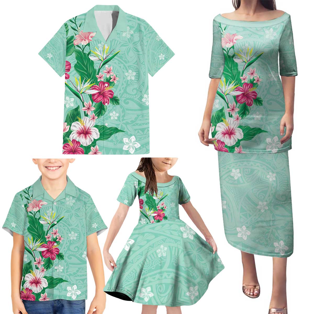 Hawaii Tropical Flowers Family Matching Puletasi and Hawaiian Shirt Polynesian Tattoo Mint Green
