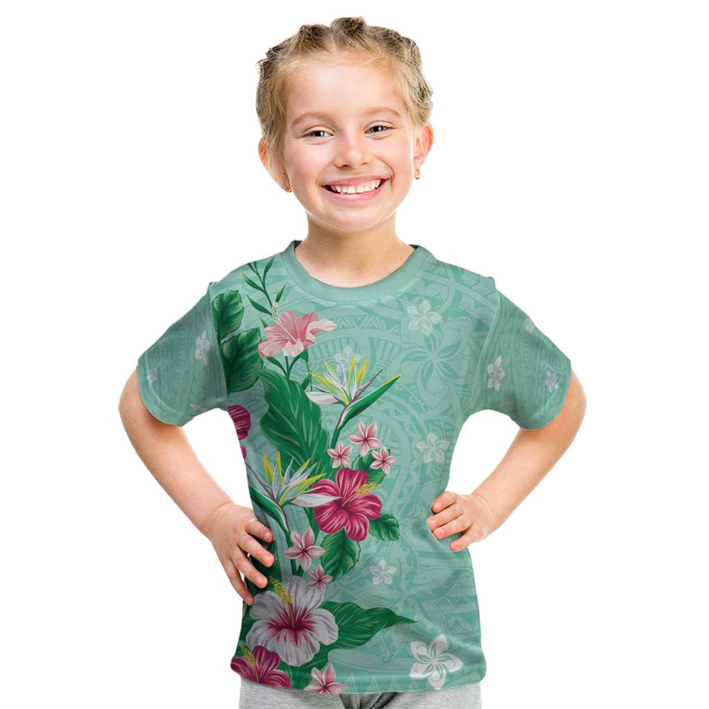 Hawaii Tropical Flowers Kid T Shirt Polynesian Tattoo Mint Green LT05 Green - Polynesian Pride