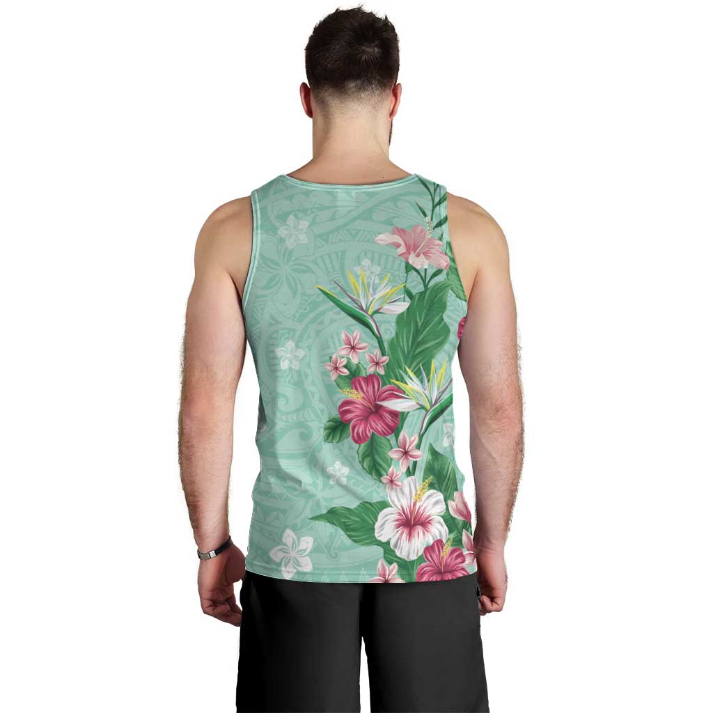 Hawaii Tropical Flowers Men Tank Top Polynesian Tattoo Mint Green