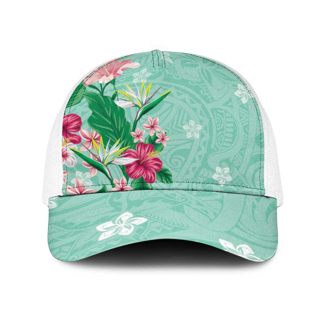 Hawaii Tropical Flowers Mesh Trucker Cap Polynesian Tattoo Mint Green