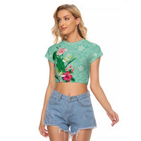 Hawaii Tropical Flowers Raglan Cropped T Shirt Polynesian Tattoo Mint Green LT05 Female Green - Polynesian Pride