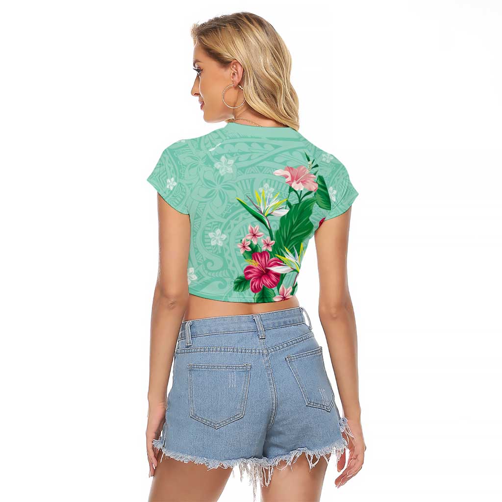 Hawaii Tropical Flowers Raglan Cropped T Shirt Polynesian Tattoo Mint Green LT05 - Polynesian Pride