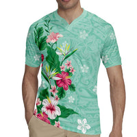 Hawaii Tropical Flowers Rugby Jersey Polynesian Tattoo Mint Green