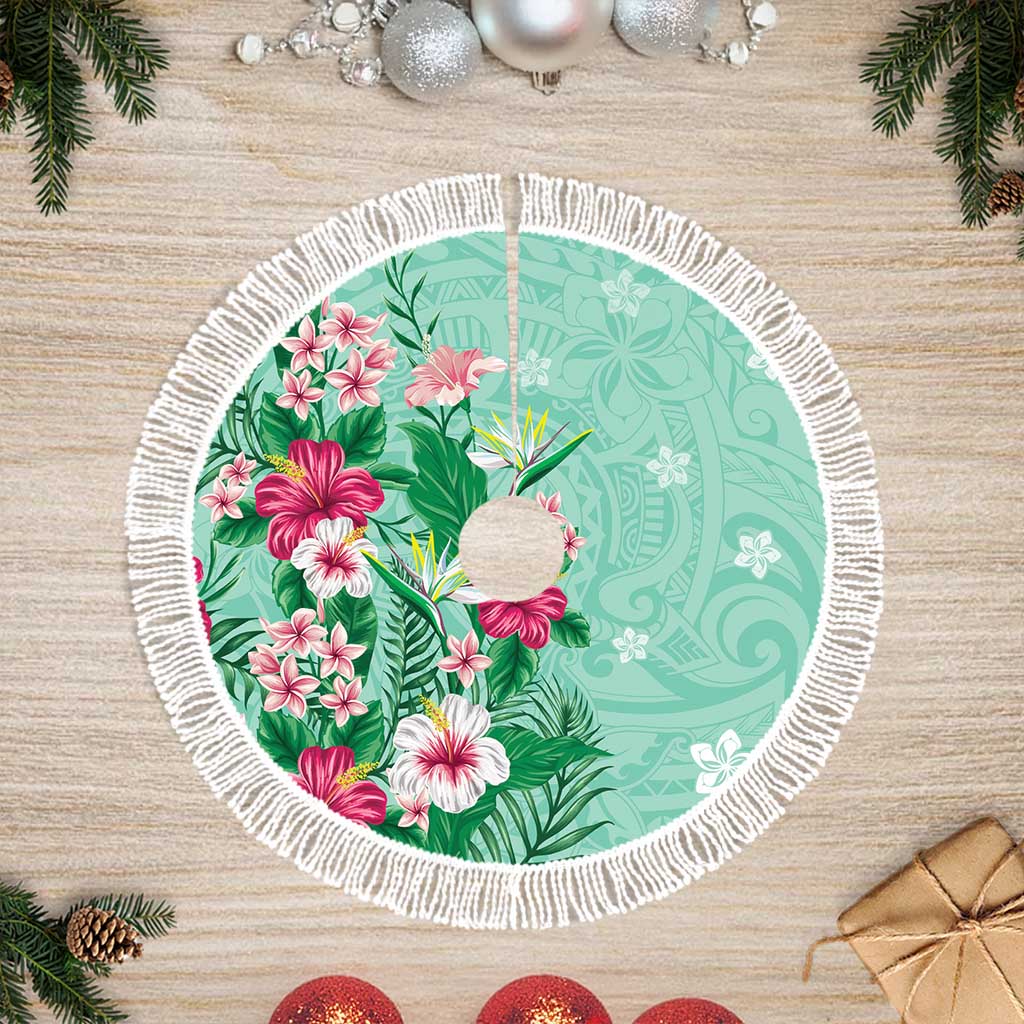 Hawaii Tropical Flowers Tree Skirt Polynesian Tattoo Mint Green