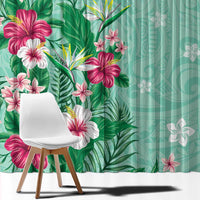 Hawaii Tropical Flowers Window Curtain Polynesian Tattoo Mint Green