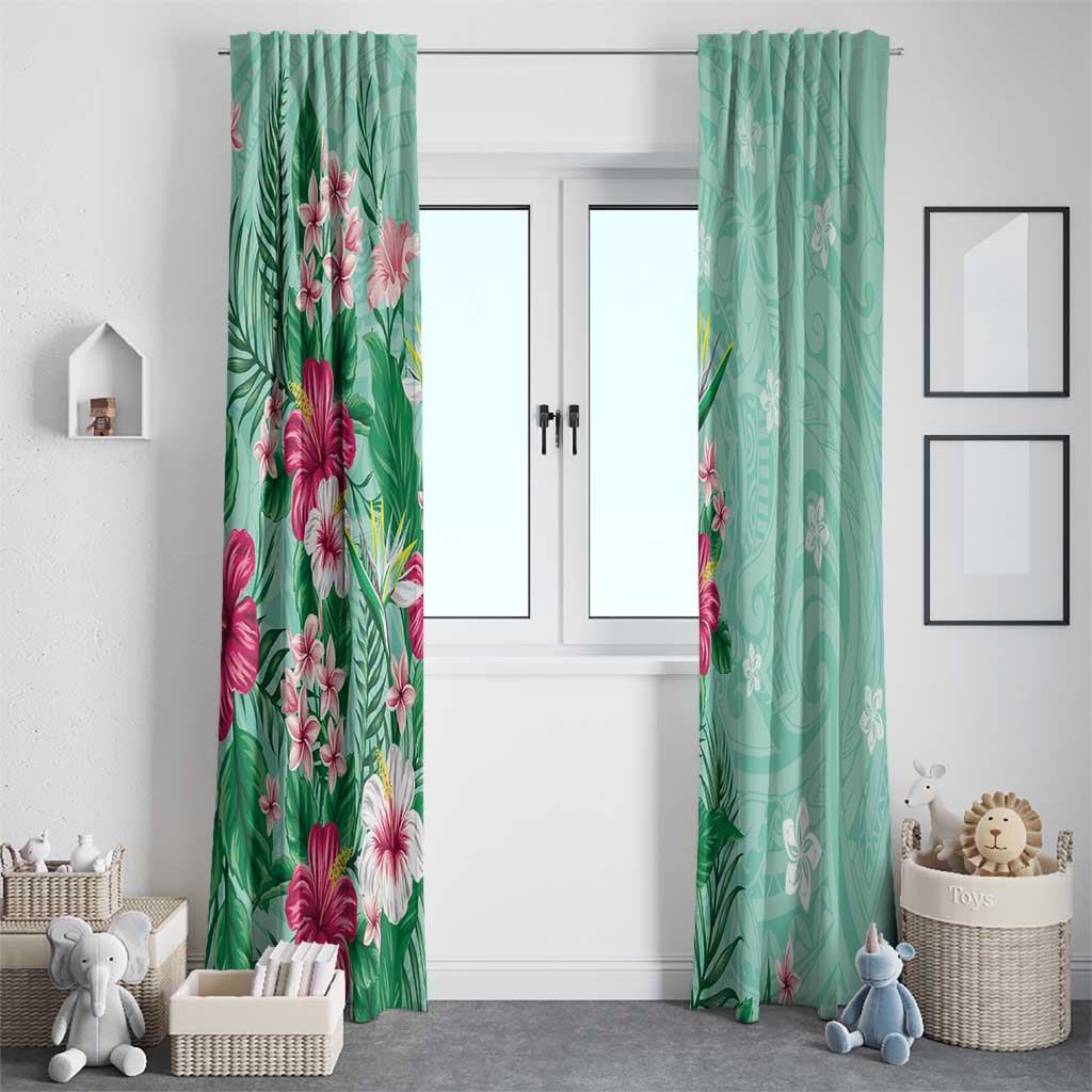 Hawaii Tropical Flowers Window Curtain Polynesian Tattoo Mint Green