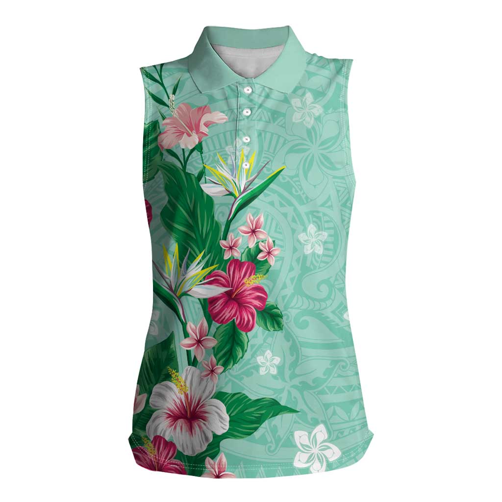 Hawaii Tropical Flowers Women Sleeveless Polo Shirt Polynesian Tattoo Mint Green LT05 Female Green - Polynesian Pride
