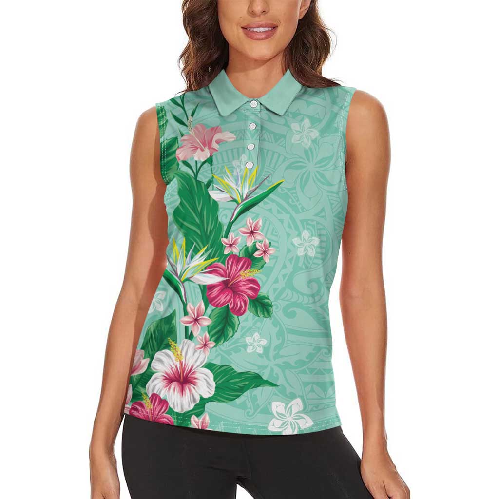 Hawaii Tropical Flowers Women Sleeveless Polo Shirt Polynesian Tattoo Mint Green LT05 - Polynesian Pride