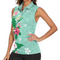 Hawaii Tropical Flowers Women Sleeveless Polo Shirt Polynesian Tattoo Mint Green LT05 - Polynesian Pride