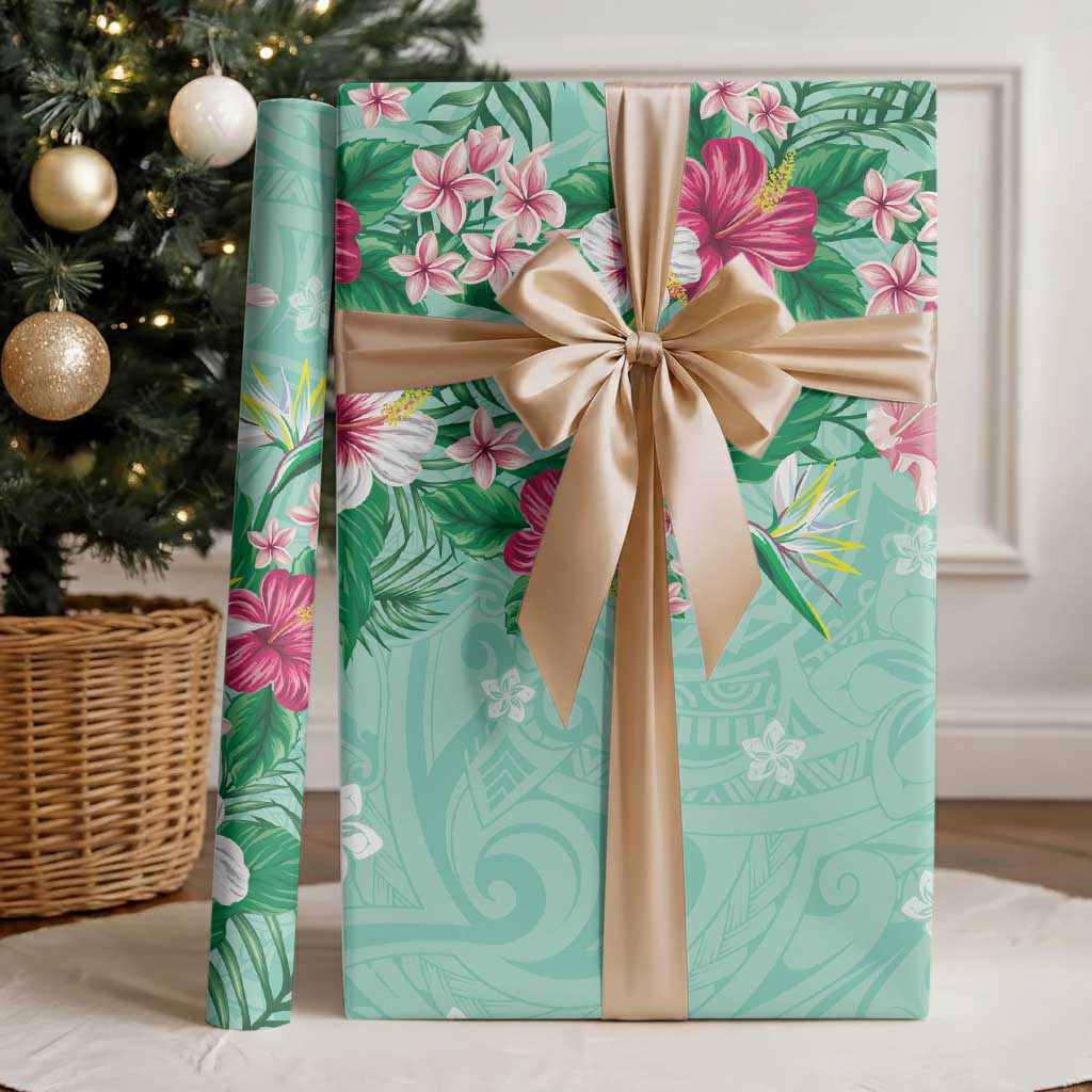 Hawaii Tropical Flowers Wrapping Paper Polynesian Tattoo Mint Green - Polynesian Pride