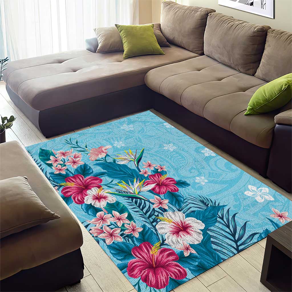 Hawaii Tropical Flowers Area Rug Polynesian Tattoo Sky Blue