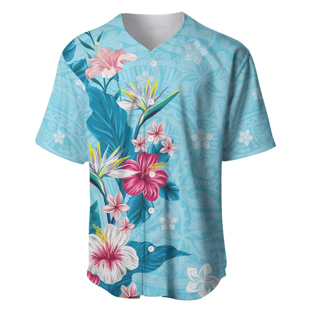 Hawaii Tropical Flowers Baseball Jersey Polynesian Tattoo Sky Blue LT05 Blue - Polynesian Pride