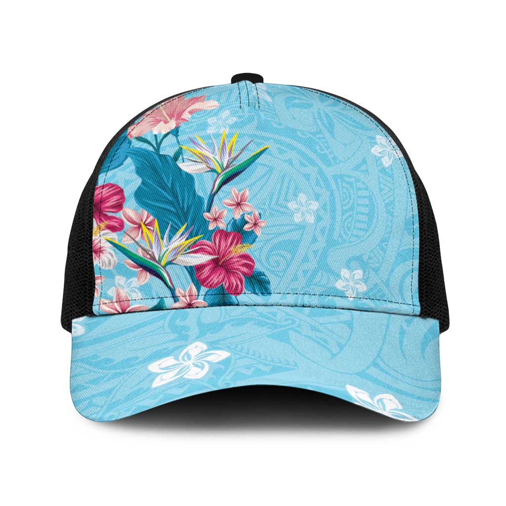 Hawaii Tropical Flowers Baseball Net Cap Polynesian Tattoo Sky Blue