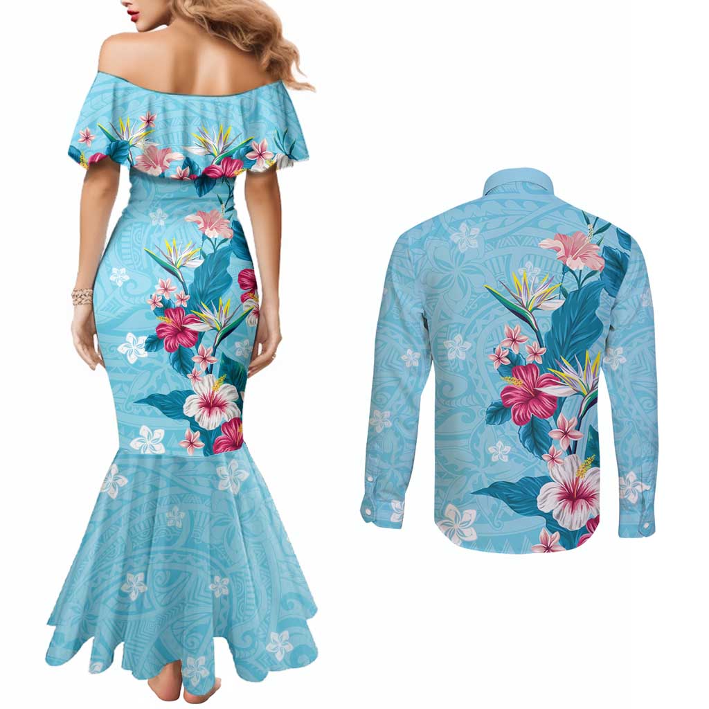 Hawaii Tropical Flowers Couples Matching Mermaid Dress and Long Sleeve Button Shirt Polynesian Tattoo Sky Blue