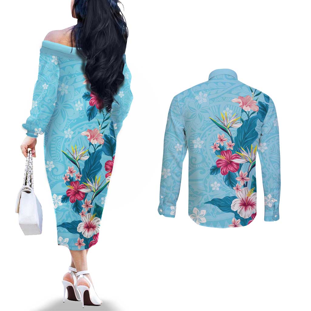 Hawaii Tropical Flowers Couples Matching Off The Shoulder Long Sleeve Dress and Long Sleeve Button Shirt Polynesian Tattoo Sky Blue