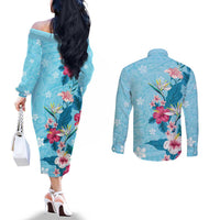 Hawaii Tropical Flowers Couples Matching Off The Shoulder Long Sleeve Dress and Long Sleeve Button Shirt Polynesian Tattoo Sky Blue