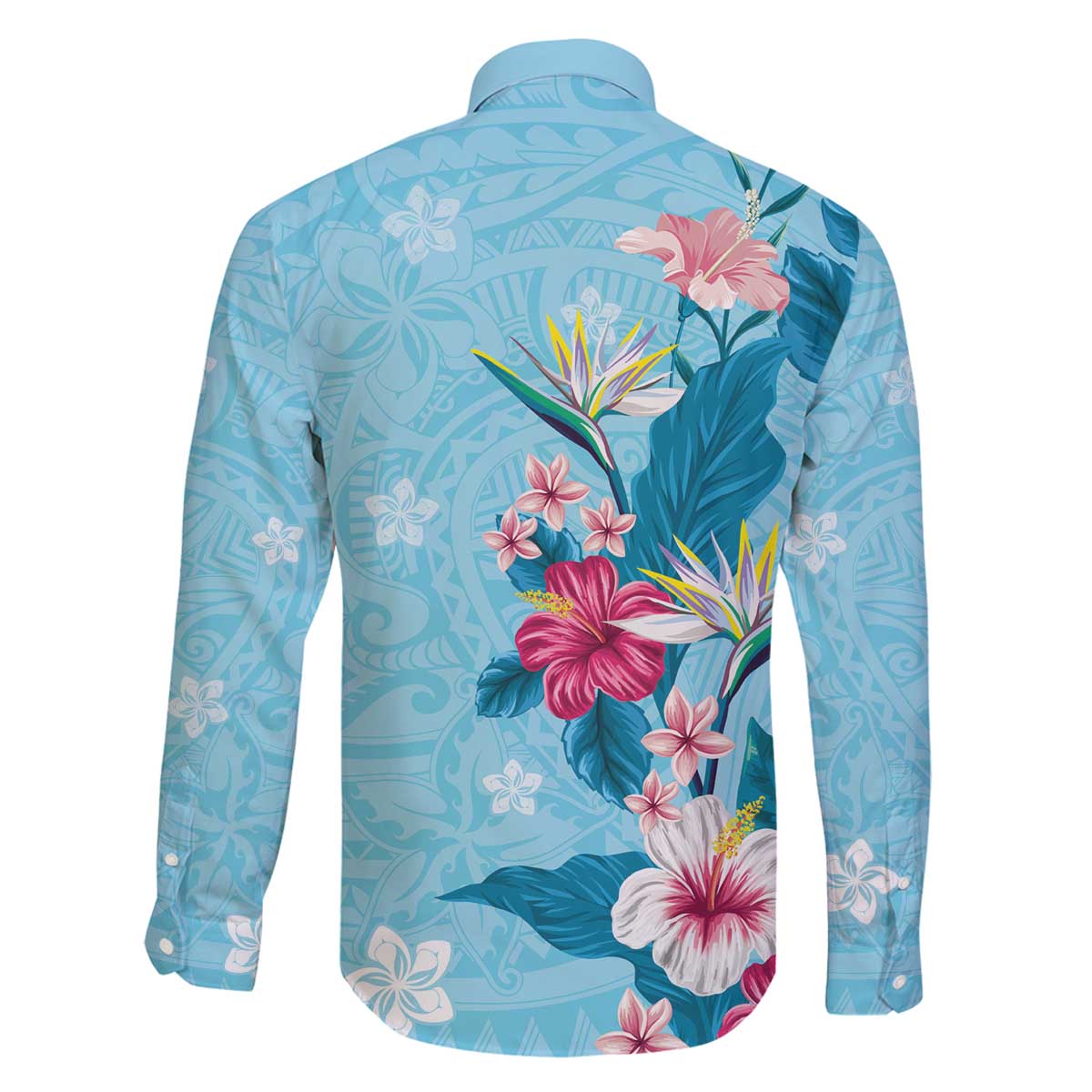 Hawaii Tropical Flowers Family Matching Off The Shoulder Long Sleeve Dress and Hawaiian Shirt Polynesian Tattoo Sky Blue