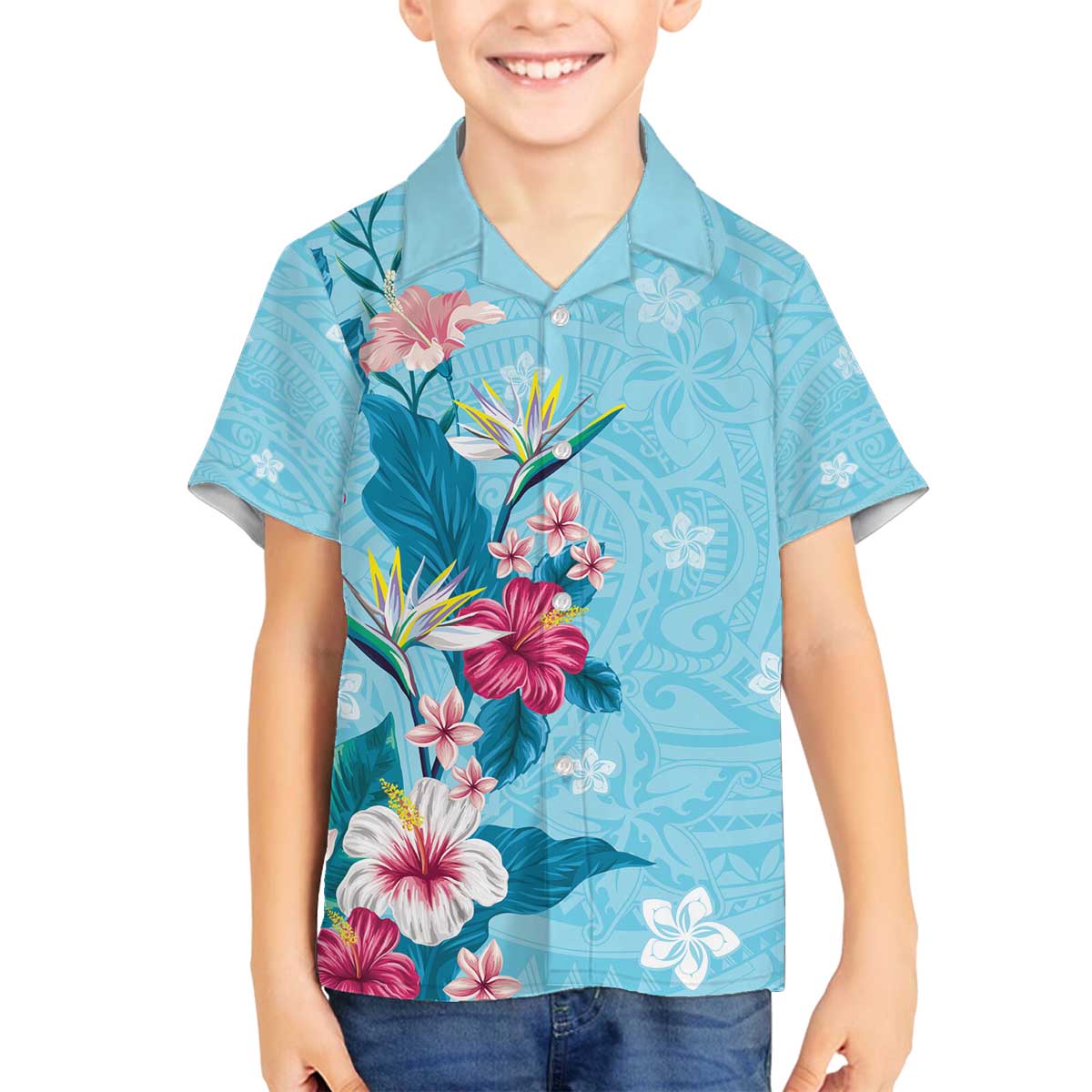 Hawaii Tropical Flowers Family Matching Puletasi and Hawaiian Shirt Polynesian Tattoo Sky Blue