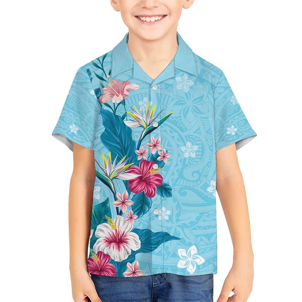 Hawaii Tropical Flowers Family Matching Short Sleeve Bodycon Dress and Hawaiian Shirt Polynesian Tattoo Sky Blue