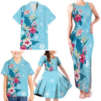 Hawaii Tropical Flowers Family Matching Tank Maxi Dress and Hawaiian Shirt Polynesian Tattoo Sky Blue