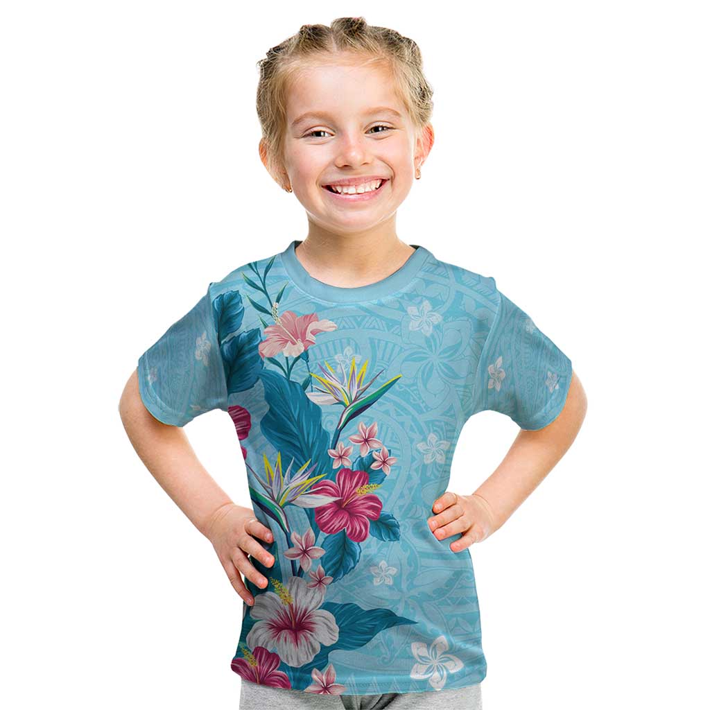 Hawaii Tropical Flowers Kid T Shirt Polynesian Tattoo Sky Blue LT05 Blue - Polynesian Pride