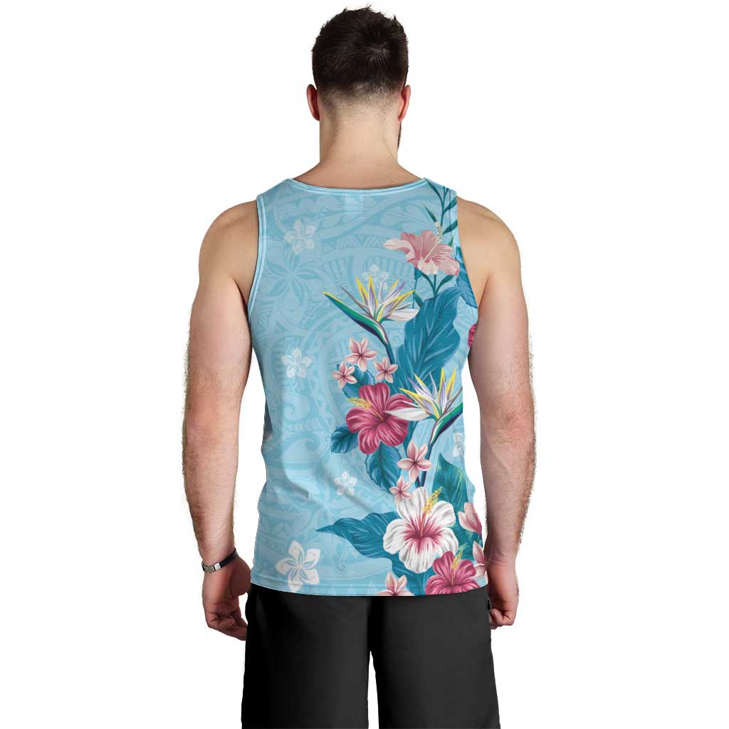 Hawaii Tropical Flowers Men Tank Top Polynesian Tattoo Sky Blue