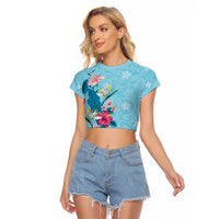 Hawaii Tropical Flowers Raglan Cropped T Shirt Polynesian Tattoo Sky Blue LT05 Female Blue - Polynesian Pride