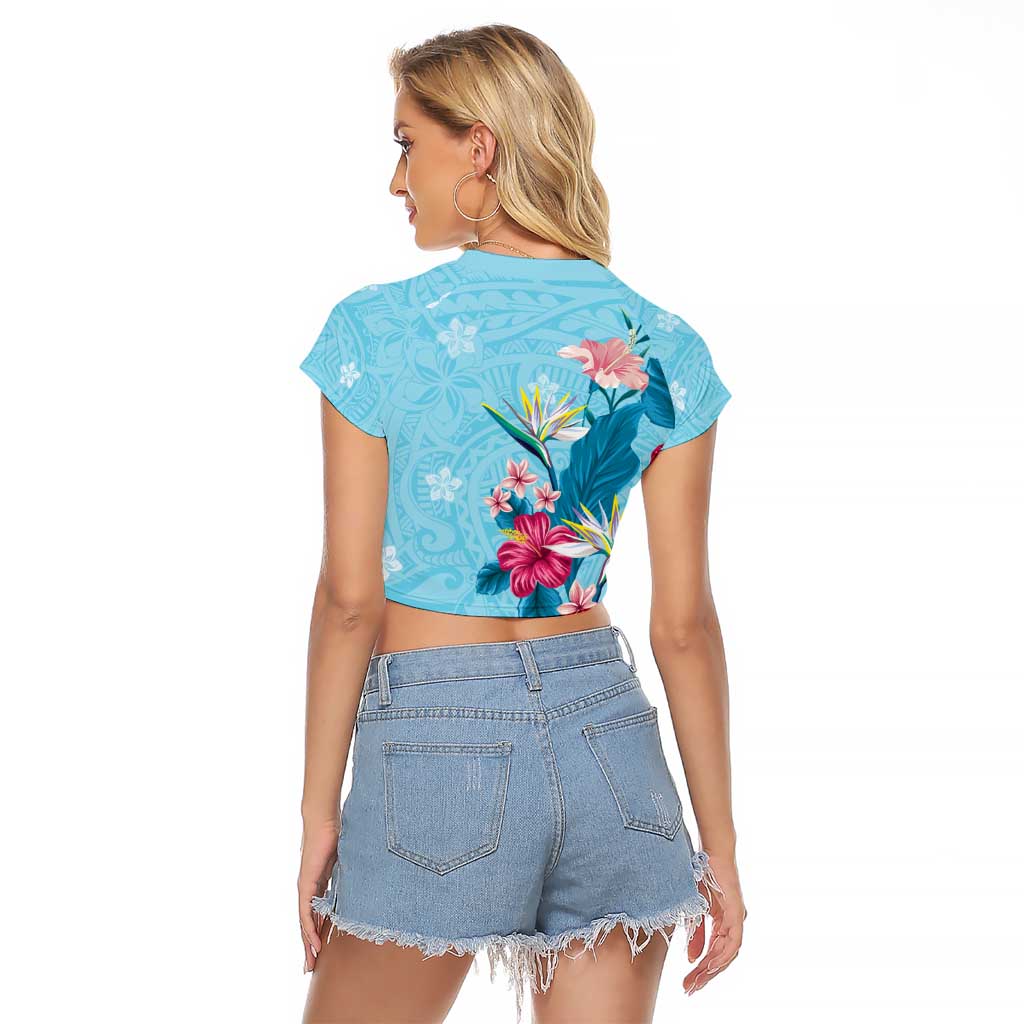 Hawaii Tropical Flowers Raglan Cropped T Shirt Polynesian Tattoo Sky Blue LT05 - Polynesian Pride